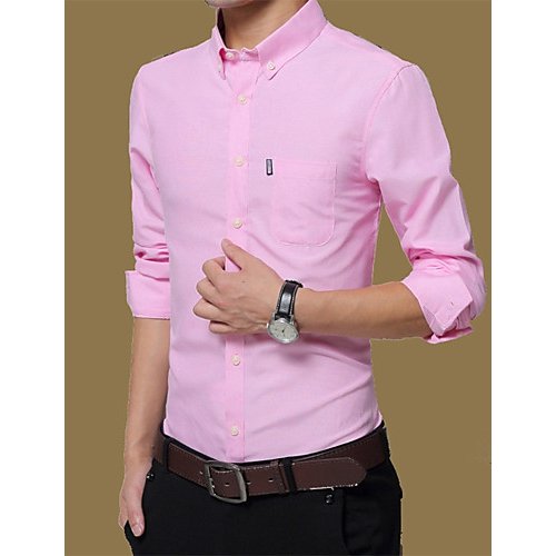 Men casual cotton work shirt, solid color button down collar, long-sleeved