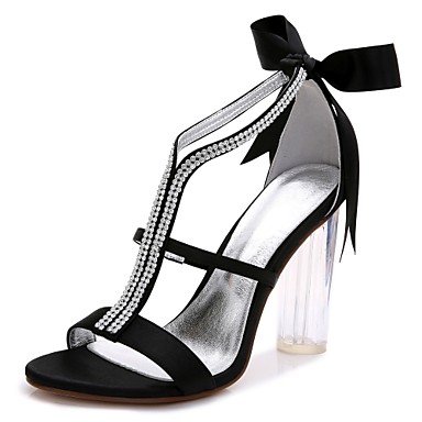 Women lace satin ankle strap chunky heel sandal, translucent heels, with round crystal rhinestones, bows, shiny