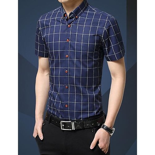 Simple cotton men work shirts, plaid button down collar, short sleeves