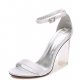 Female satin wedding shoes ankle strap chunky heel, heel translucent, with crystal rhinestones round, shiny, strap