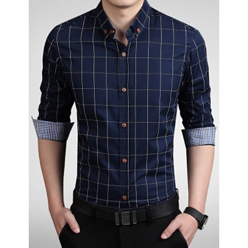 Cotton Slim large size men work shirts, plaid button drop printing collar, long-sleeved