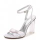 Female satin, ankle strap chunky heel shoes wedding shoes transparent, translucent heels, with round crystal rhinestones, bows,